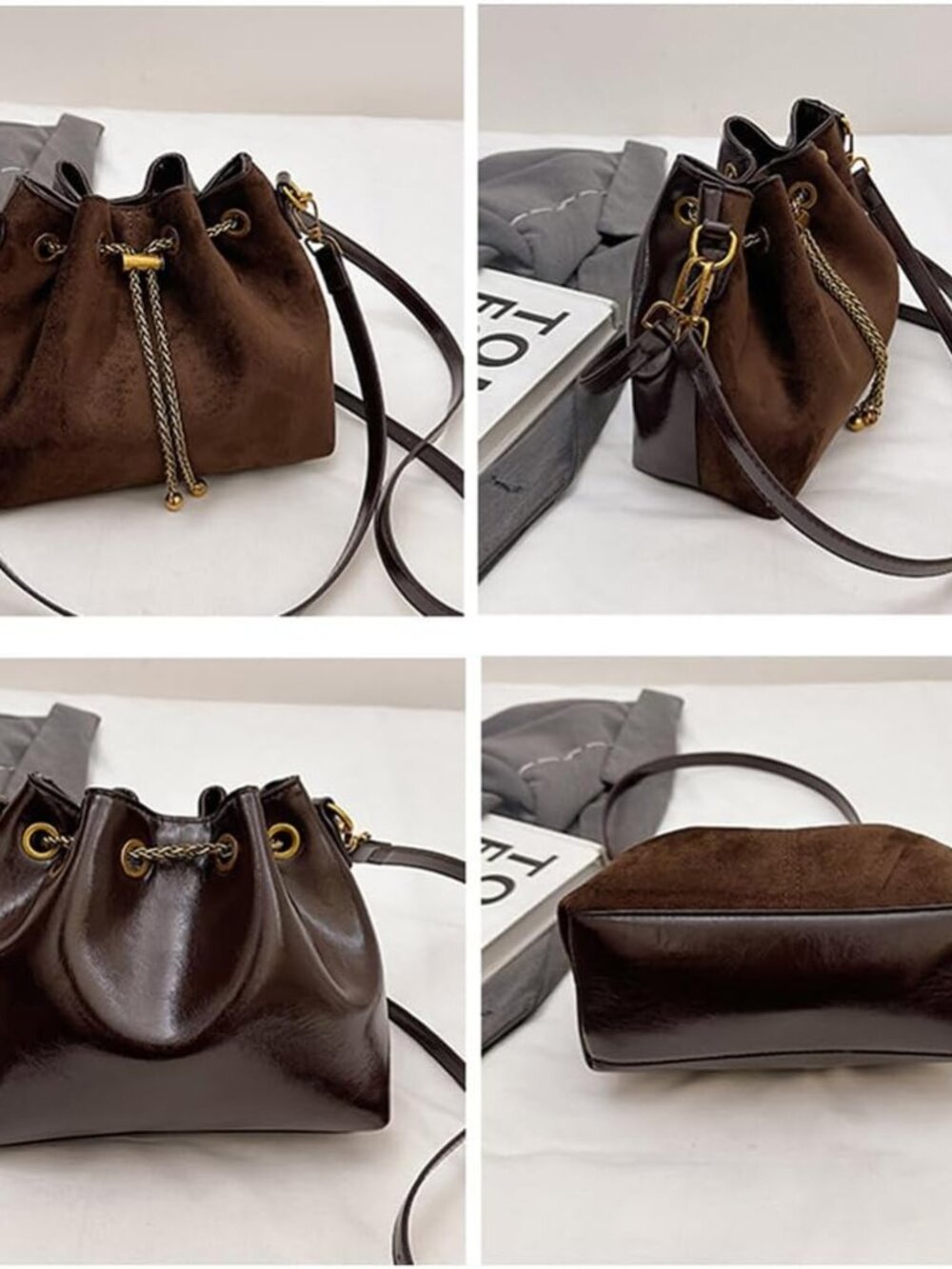 Mini Suede Bucket Bag for Women Drawstring Faux Brown Suede Purse Vintage Leathe - Picture 6 of 7